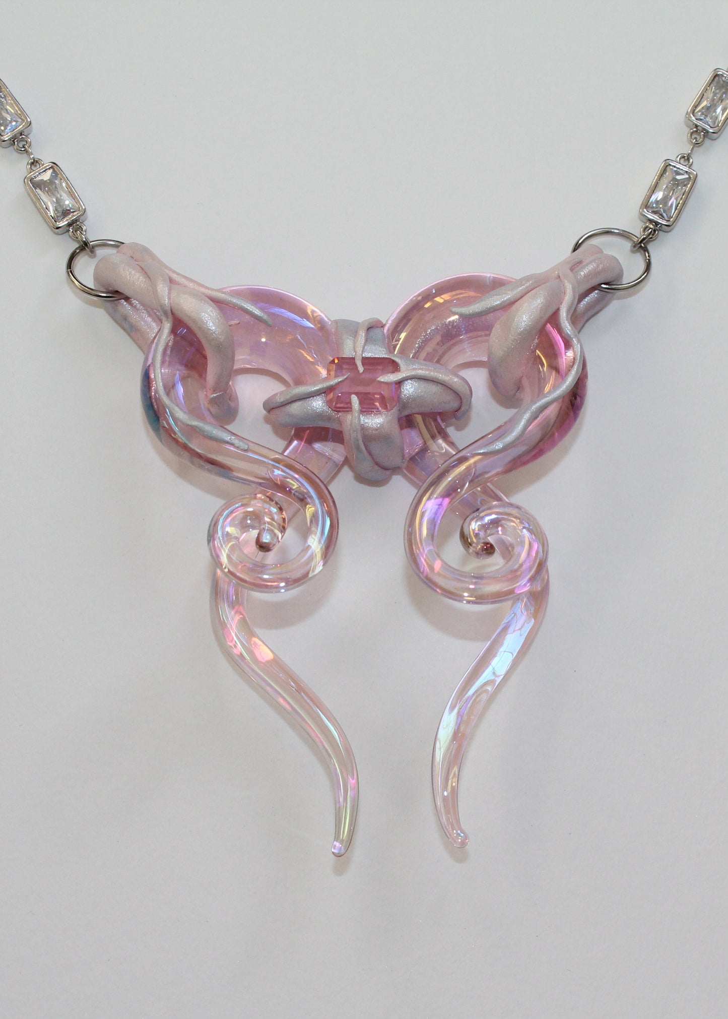 Iridescent Pink Bow Necklace