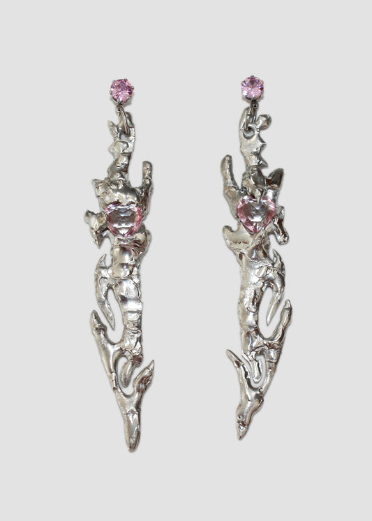 Pink Crystal Spiral Sword Earrings