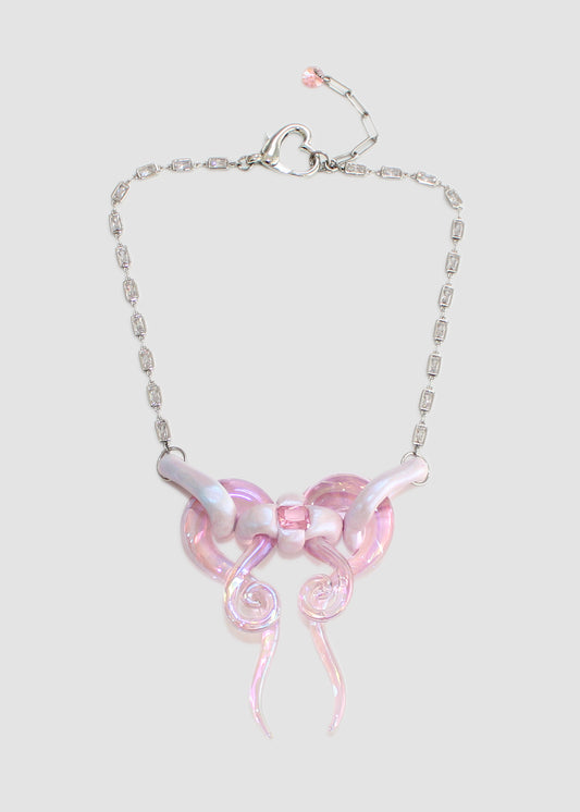 Iridescent Pink Glass Bow Necklace